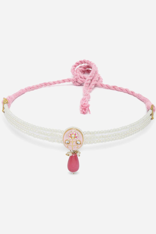 Pink And Gold Choker Necklace With Kundan And Pearls