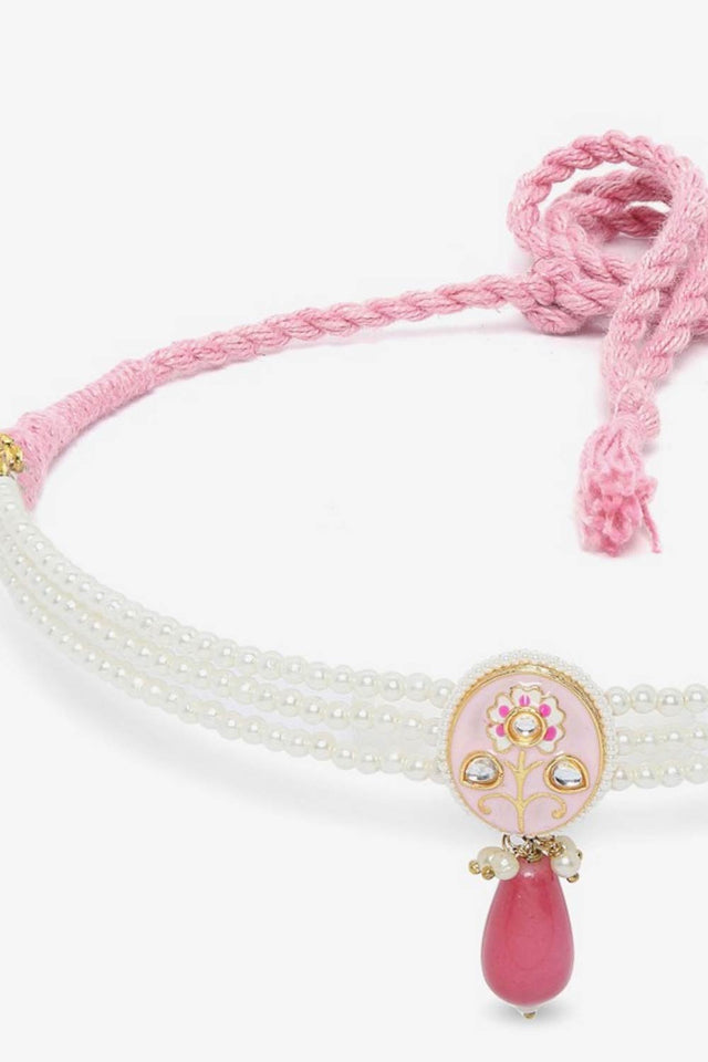 Pink And Gold Choker Necklace With Kundan And Pearls