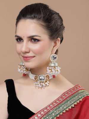 Red And White Choker Necklace With Kundan And American Diamonds