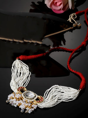 Red And White Choker Necklace With Kundan And American Diamonds