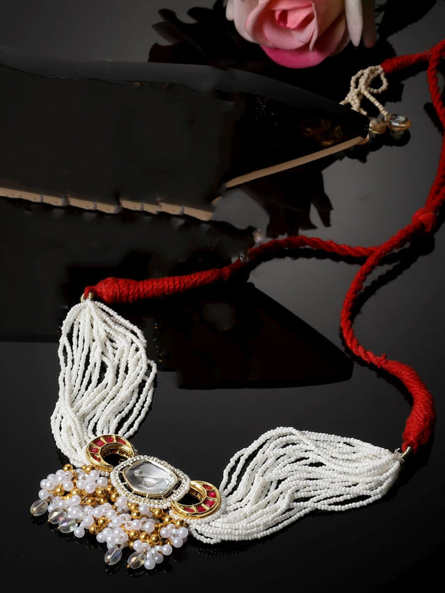 Red And White Choker Necklace With Kundan And American Diamonds