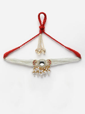 Red And White Choker Necklace With Kundan And American Diamonds