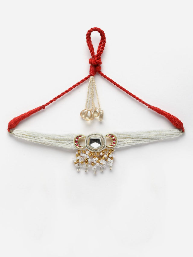 Red And White Choker Necklace With Kundan And American Diamonds