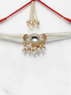 Red And White Choker Necklace With Kundan And American Diamonds