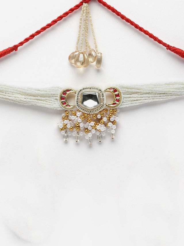 Red And White Choker Necklace With Kundan And American Diamonds