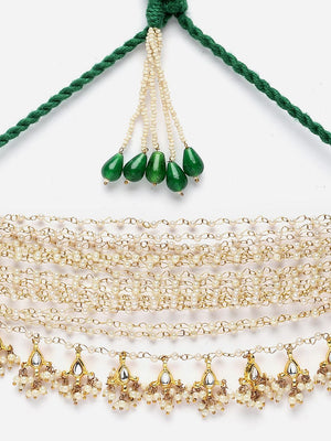 Green And Peach Choker Necklace With Kundan And Pearls