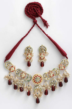 Buy Women's Sterling Silver Necklace and Earring Set in Red - Front