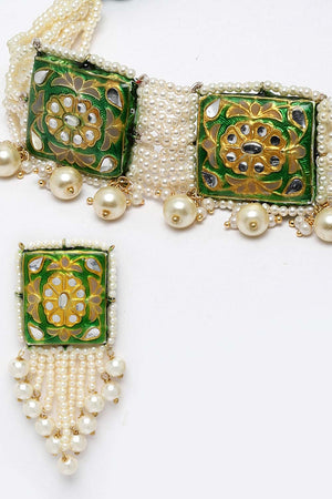 Green And White Gold-Plated Pearls And Natural Stones Jewelry Set