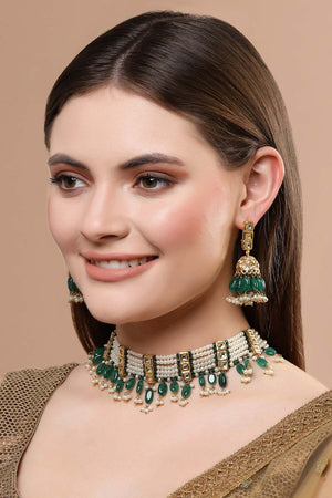 Green And Cream Gold-Plated Kundan Diamonds And Pearls Jewelry Set
