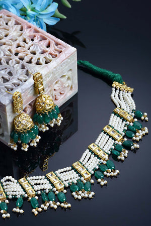 Green And Cream Gold-Plated Kundan Diamonds And Pearls Jewelry Set