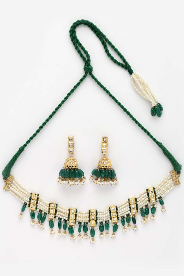 Green And Cream Gold-Plated Kundan Diamonds And Pearls Jewelry Set