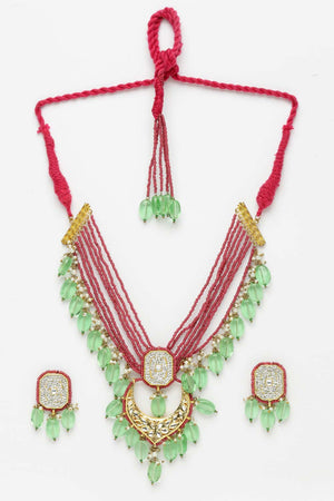 Pink And Green Gold-Plated Kundan And American Diamonds Necklace Earring Sets - White Backround