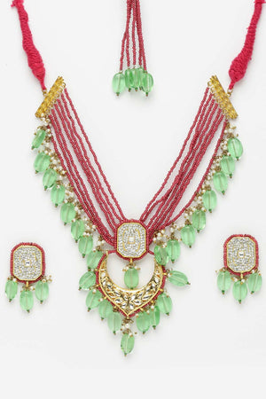 Pink And Green Gold-Plated Kundan And American Diamonds Necklace Earring Sets - Design
