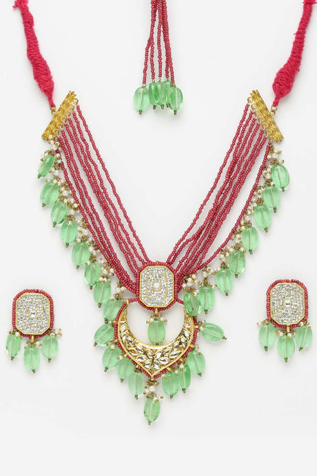 Pink And Green Gold-Plated Kundan And American Diamonds Necklace Earring Sets - Design