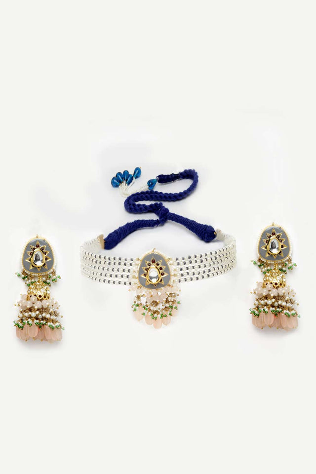Grey And Pink Gold-Plated Kundan And American Diamonds Necklace Earring Sets
