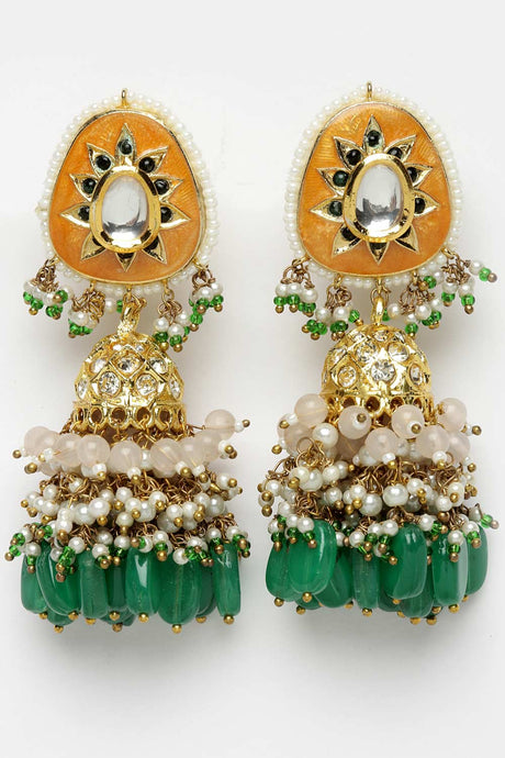 Orange And Green Gold-Plated Kundan And Pearls Earring Sets