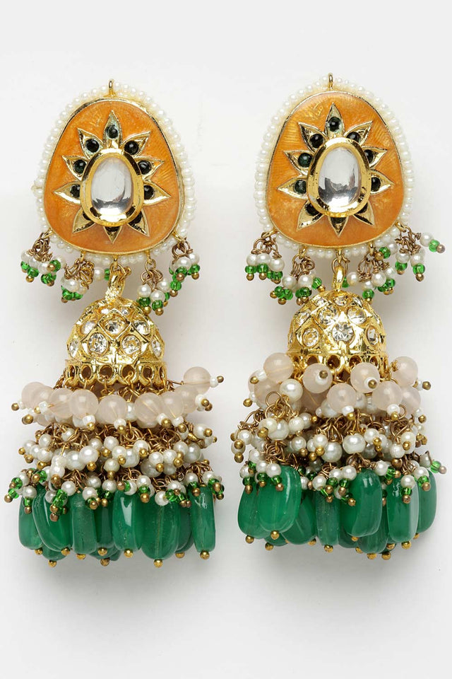 Orange And Green Gold-Plated Kundan And Pearls Earring Sets