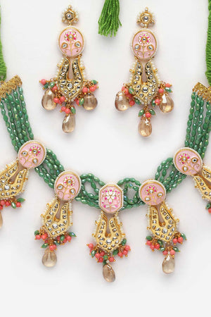 White And Green Kundan And Pearls Necklace And Earring Set