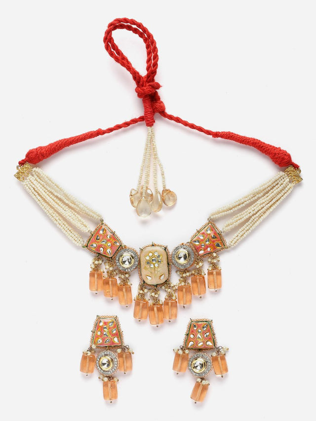 Orange And Gold Necklace With Earring Jeweler Set With Kundan And American Diamonds