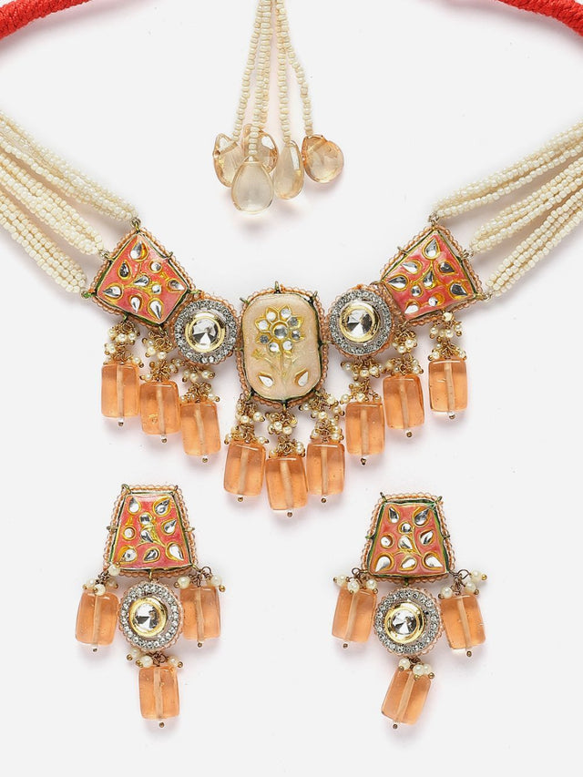 Orange And Gold Necklace With Earring Jeweler Set With Kundan And American Diamonds