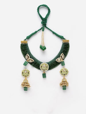 Green And Grey Necklace With Earring Jeweler Set With Kundan And American Diamonds