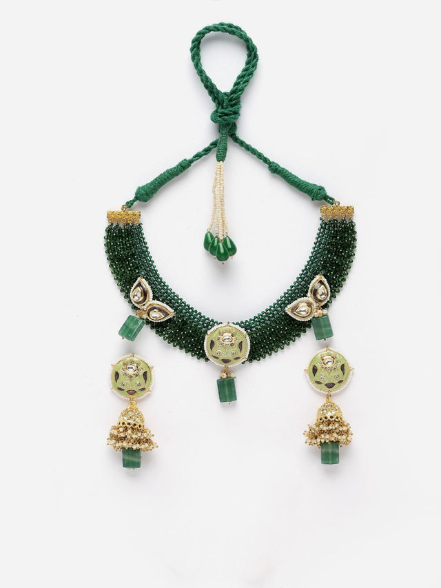 Green And Grey Necklace With Earring Jeweler Set With Kundan And American Diamonds