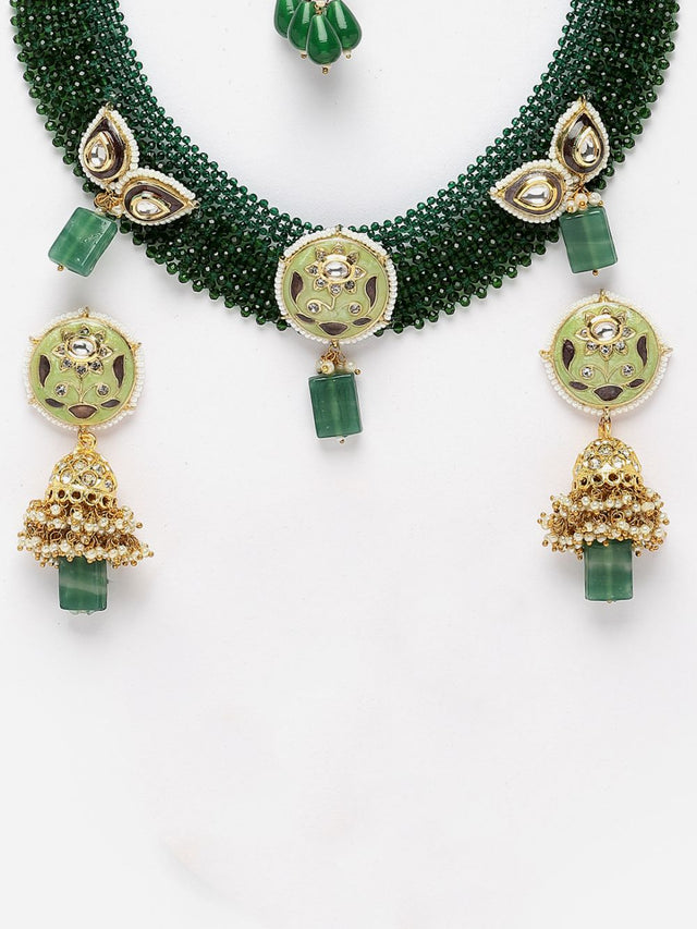 Green And Grey Necklace With Earring Jeweler Set With Kundan And American Diamonds