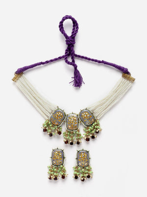 Blue And Purple Necklace With Earring Jeweler Set With Kundan And Pearls