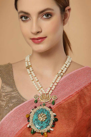 Multicolor And White  Gold-Plated Kundan And Pearls Necklace
