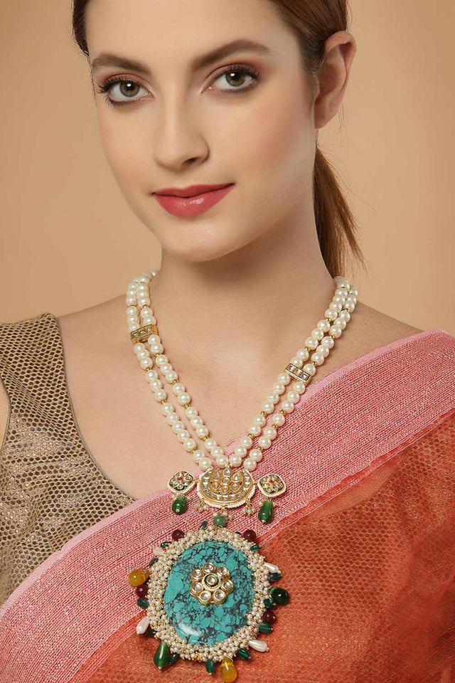 Multicolor And White  Gold-Plated Kundan And Pearls Necklace
