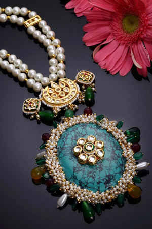 Multicolor And White  Gold-Plated Kundan And Pearls Necklace