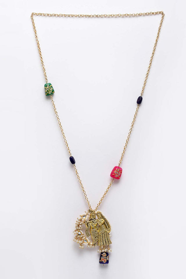 Multicolor And White Gold-Plated Kundan And Pearls Necklace