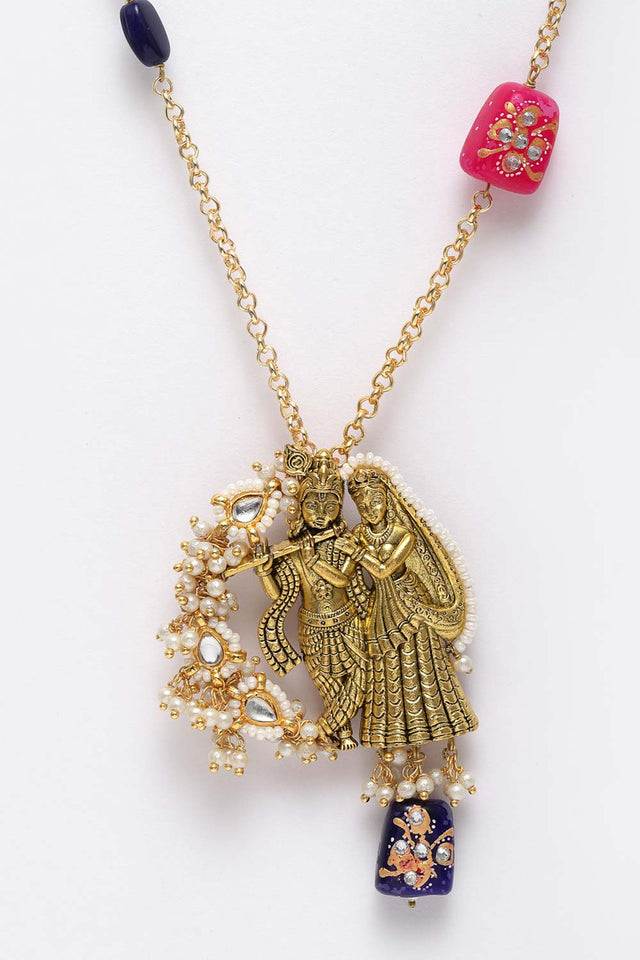 Multicolor And White Gold-Plated Kundan And Pearls Necklace