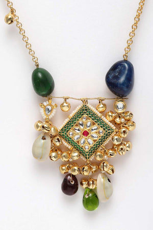 Blue And Green   Gold-Plated Kundan And Pearls Necklace