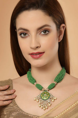 Green And White Gold-Plated Kundan Diamond And Pearls Necklace