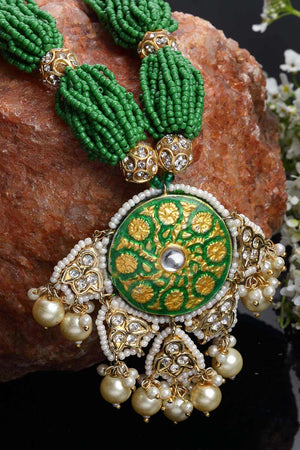 Green And White Gold-Plated Kundan Diamond And Pearls Necklace
