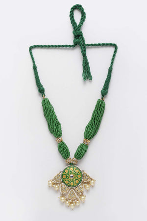 Green And White Gold-Plated Kundan Diamond And Pearls Necklace