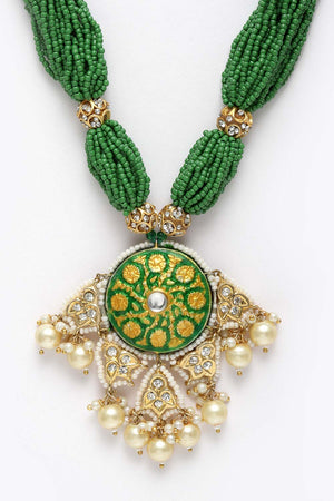 Green And White Gold-Plated Kundan Diamond And Pearls Necklace