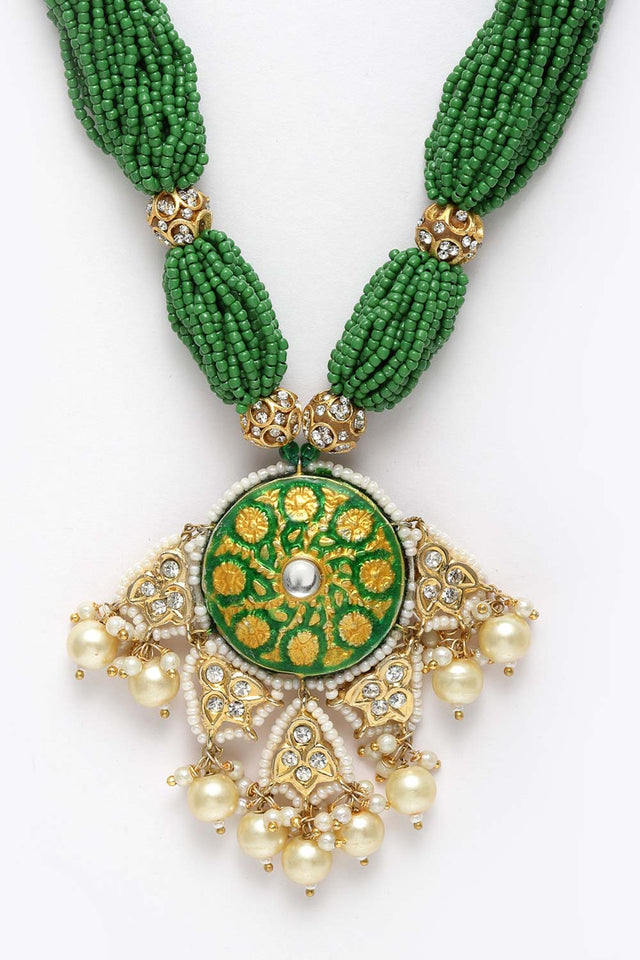 Green And White Gold-Plated Kundan Diamond And Pearls Necklace