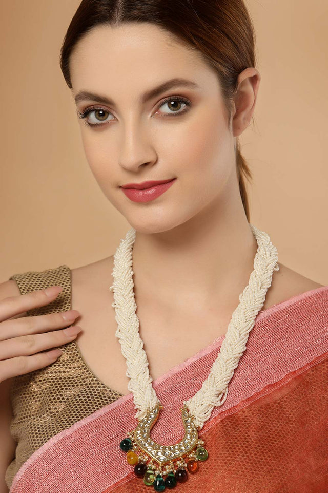 Multicolor Gold-Plated Kundan And Pearls Necklace