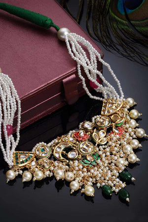 Green And Pink  Gold-Plated Kundan And Pearls Necklace