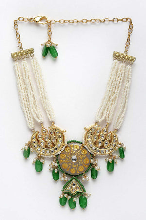 Green And Grey  Gold-Plated Kundan And Pearls Necklace
