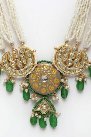 Green And Grey  Gold-Plated Kundan And Pearls Necklace