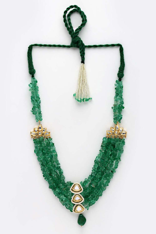 Green And White Gold-Plated Kundan And Pearls Necklace