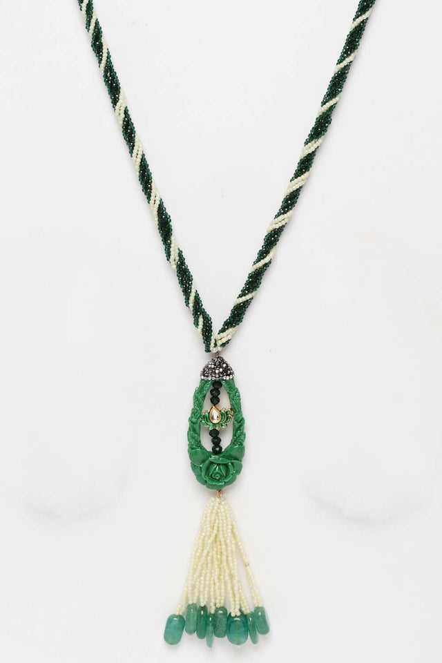 Green And Gold Gold-Plated Kundan And American Diamonds Bead Necklaces