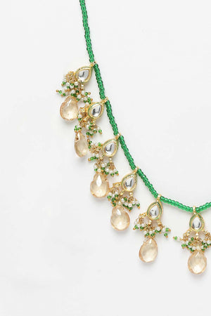 Yellow And Green Gold-Plated Kundan And Pearls Bead Necklaces