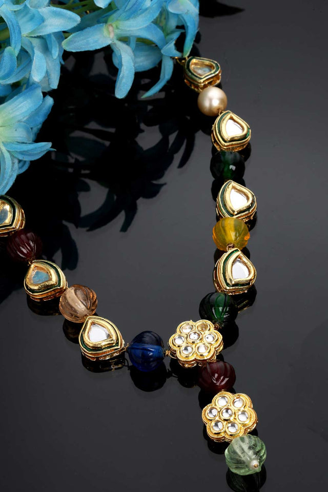 Red And Blue Gold-Plated Kundan And Pearls Bead Necklaces