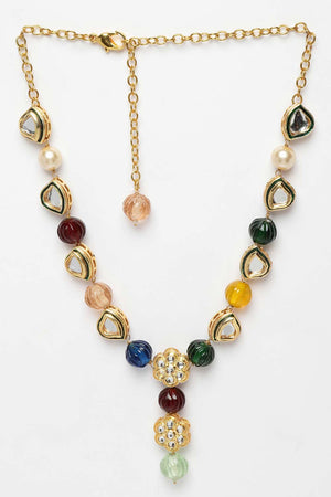 Red And Blue Gold-Plated Kundan And Pearls Bead Necklaces