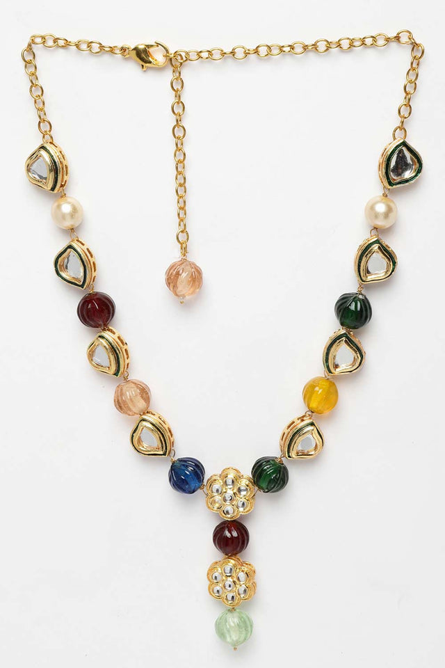 Red And Blue Gold-Plated Kundan And Pearls Bead Necklaces