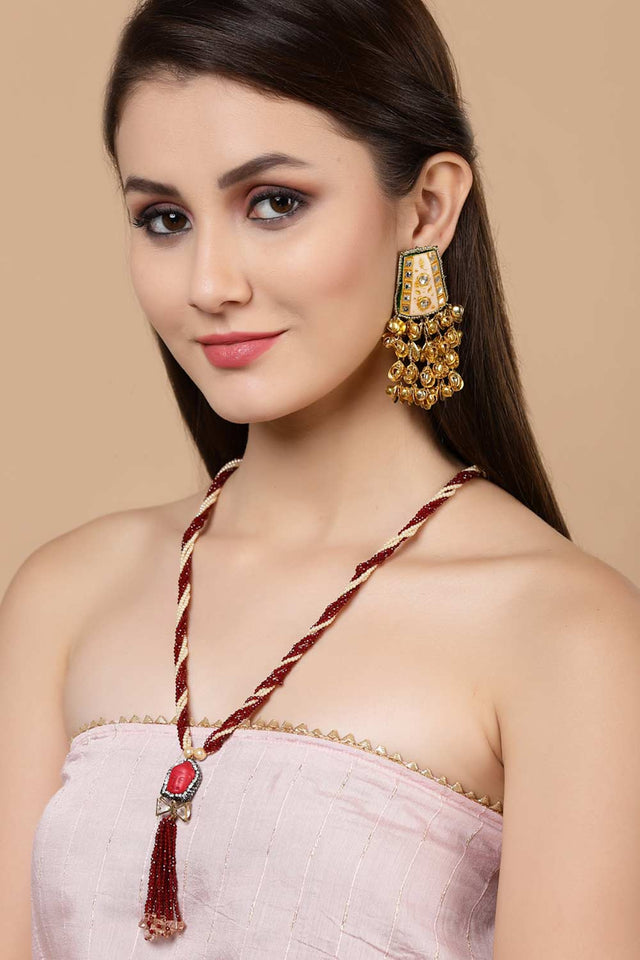 Red And Pink Gold-Plated Kundan And American Diamonds Bead Necklaces